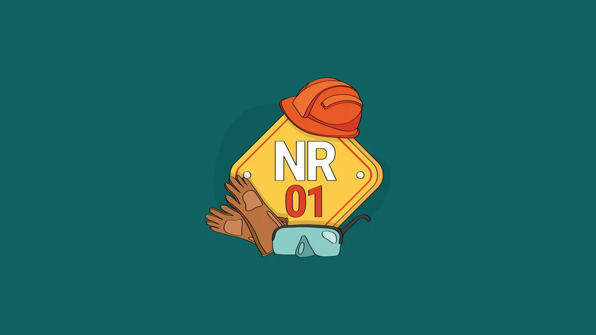 Ilustração de equipamentos de segurança e placa NR-01 para artigo sobre novas exigências da norma